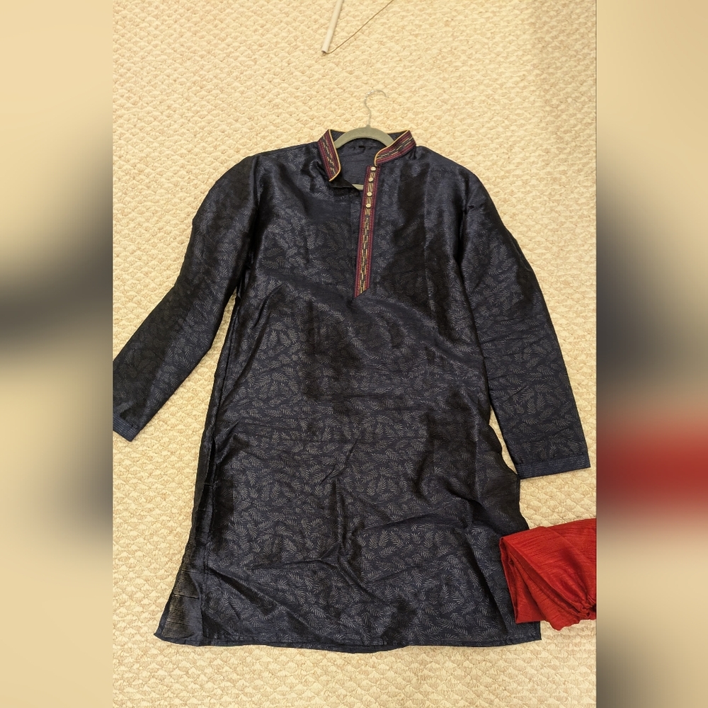 Men’s Blue Embroidered Kurta & Red Pyjama Set - Size 40